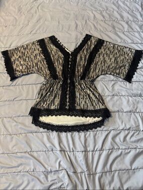 Beaded Black and Cream Lace-Trim Women's Top